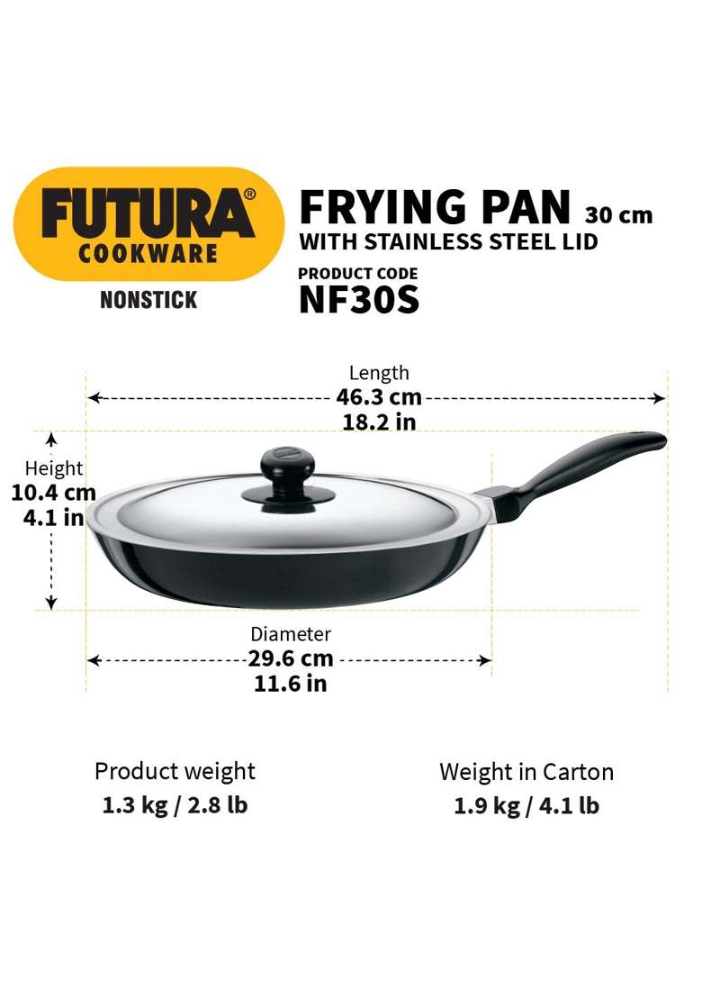 Hawkins Futura Non-Stick Frying Pan with Steel Lid | 3 L | 3.2 Qt | 30 cm | 11.8 Inch - Indya