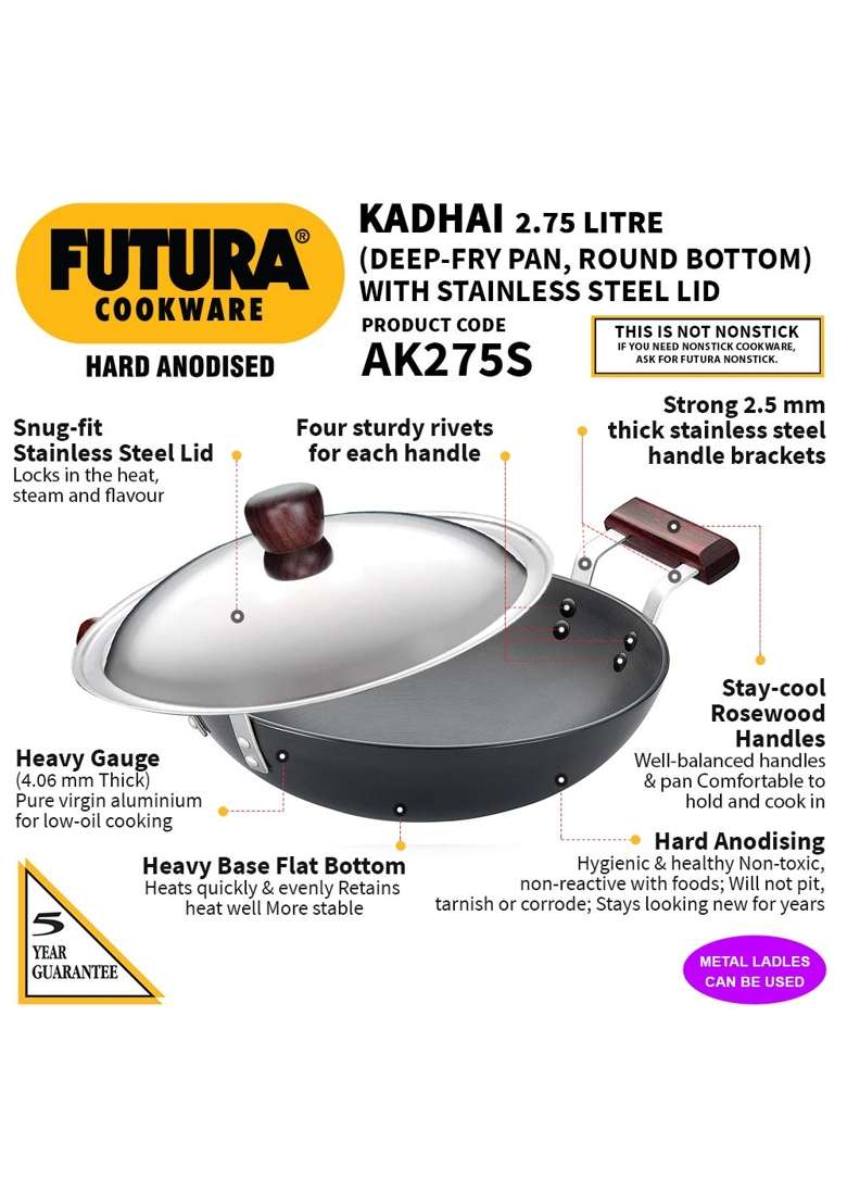 Hawkins - L74 Futura Hard Anodised Deep-Fry Pan | 2.75 L | 2.9 Qt | 22 cm | 8.7 Inch | With Lid - Indya