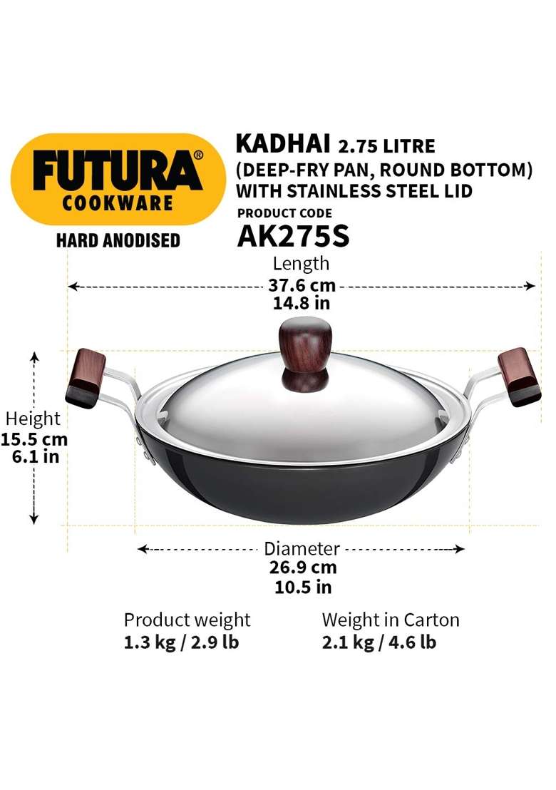 Hawkins - L74 Futura Hard Anodised Deep-Fry Pan | 2.75 L | 2.9 Qt | 22 cm | 8.7 Inch | With Lid - Indya