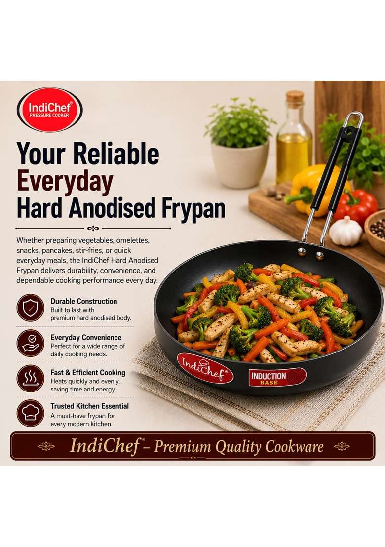 IndiChef Hard Anodised Frypan | 1 L | 1.1 Qt | Induction Compatible | With Lid - Indya