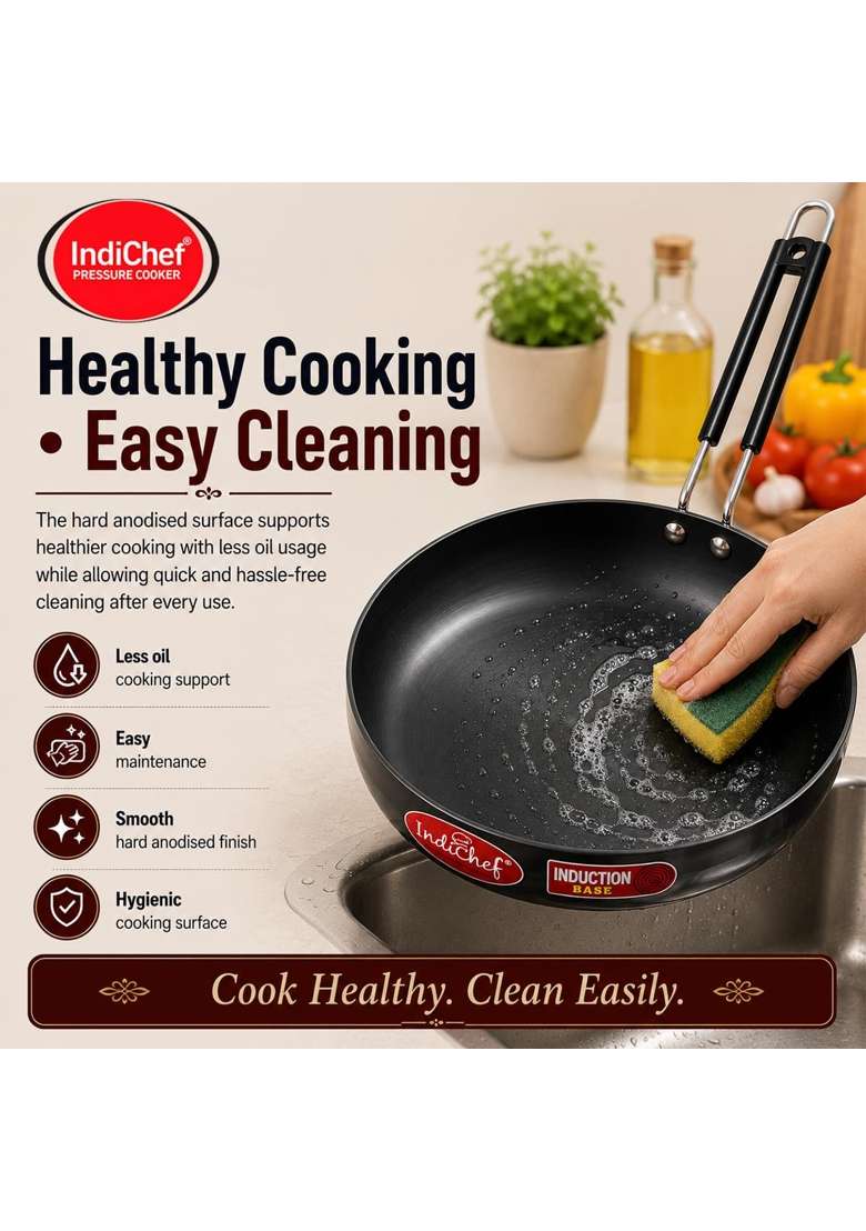 IndiChef Hard Anodised Frypan | 1 L | 1.1 Qt | Induction Compatible | With Lid - Indya