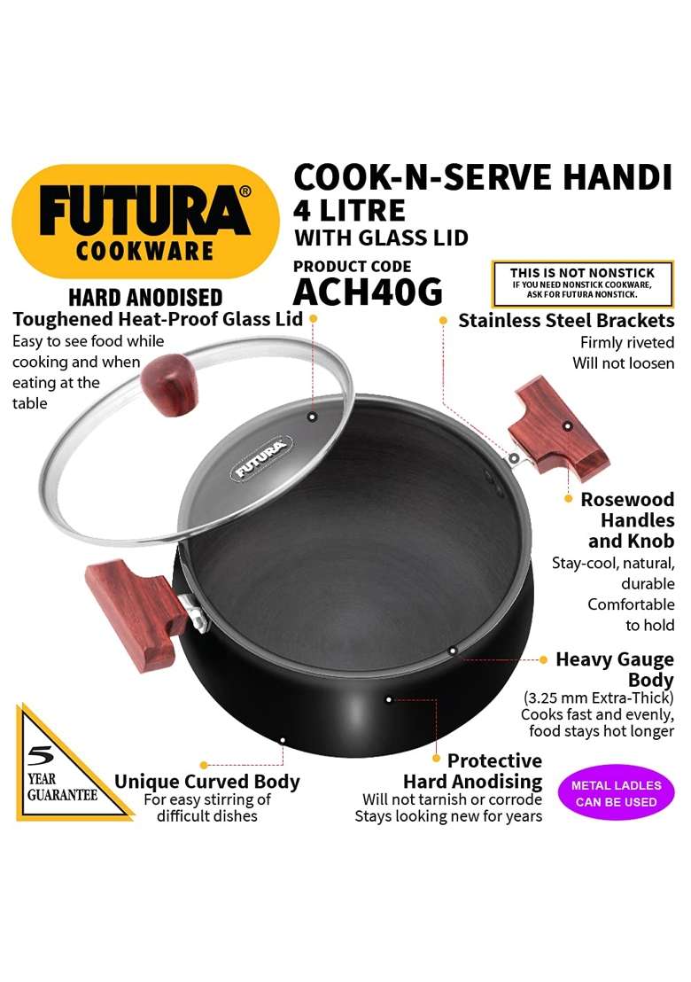 Hawkins Futura Cook N Serve Handi Cooking Pot | 4 L | 4.2 Qt | With Lid - Indya
