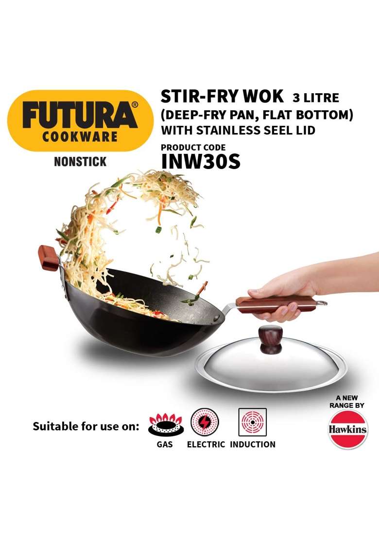 Hawkins Futura Non-Stick Stir-Fry Wok | 3 L | 3.2 Qt | 28 cm | 11 Inch | With Lid - Indya