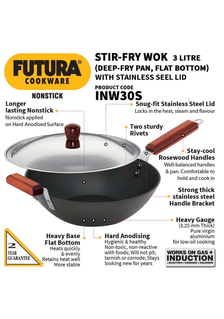 Hawkins Futura Non-Stick Stir-Fry Wok | 3 L | 3.2 Qt | 28 cm | 11 Inch | With Lid - Indya