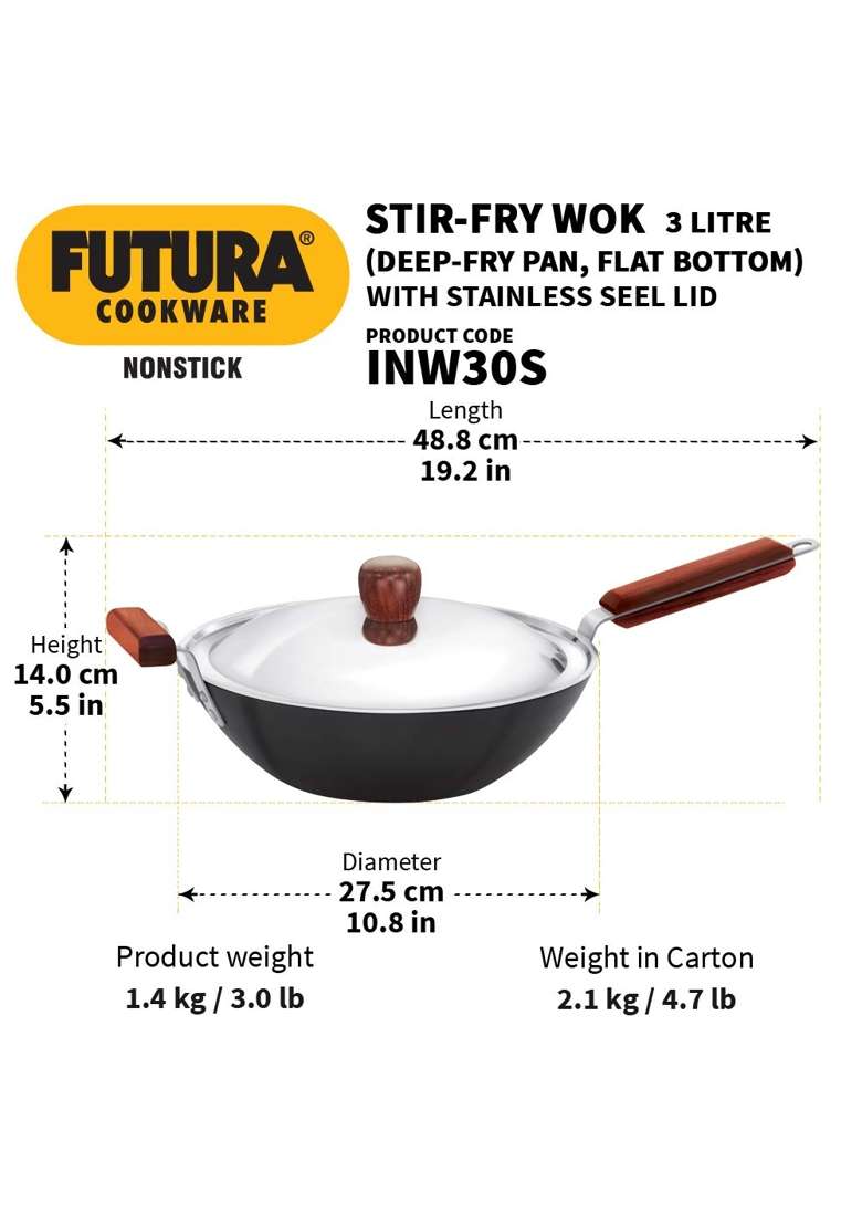 Hawkins Futura Non-Stick Stir-Fry Wok | 3 L | 3.2 Qt | 28 cm | 11 Inch | With Lid - Indya