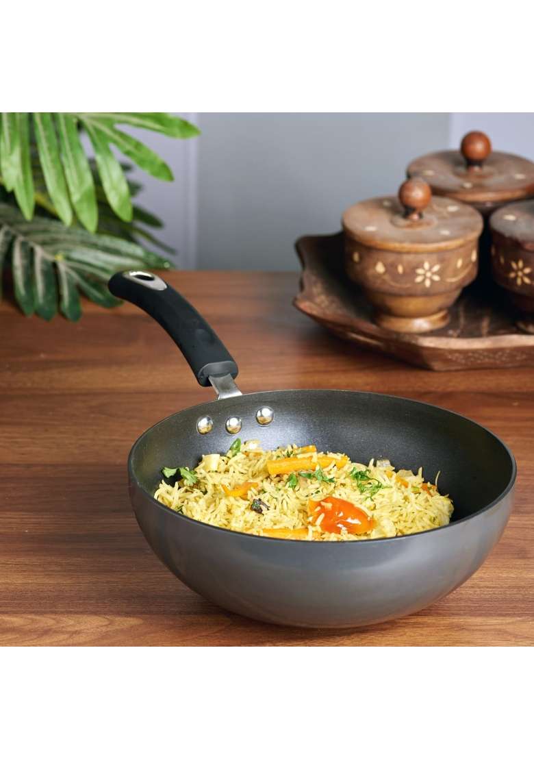 Vinod Hanos Hard Anodised Non-Stick Wok | 3 L | 3.2 Qt | 26 cm | 10.2 Inch | Induction Compatible | PFOA Free - Indya