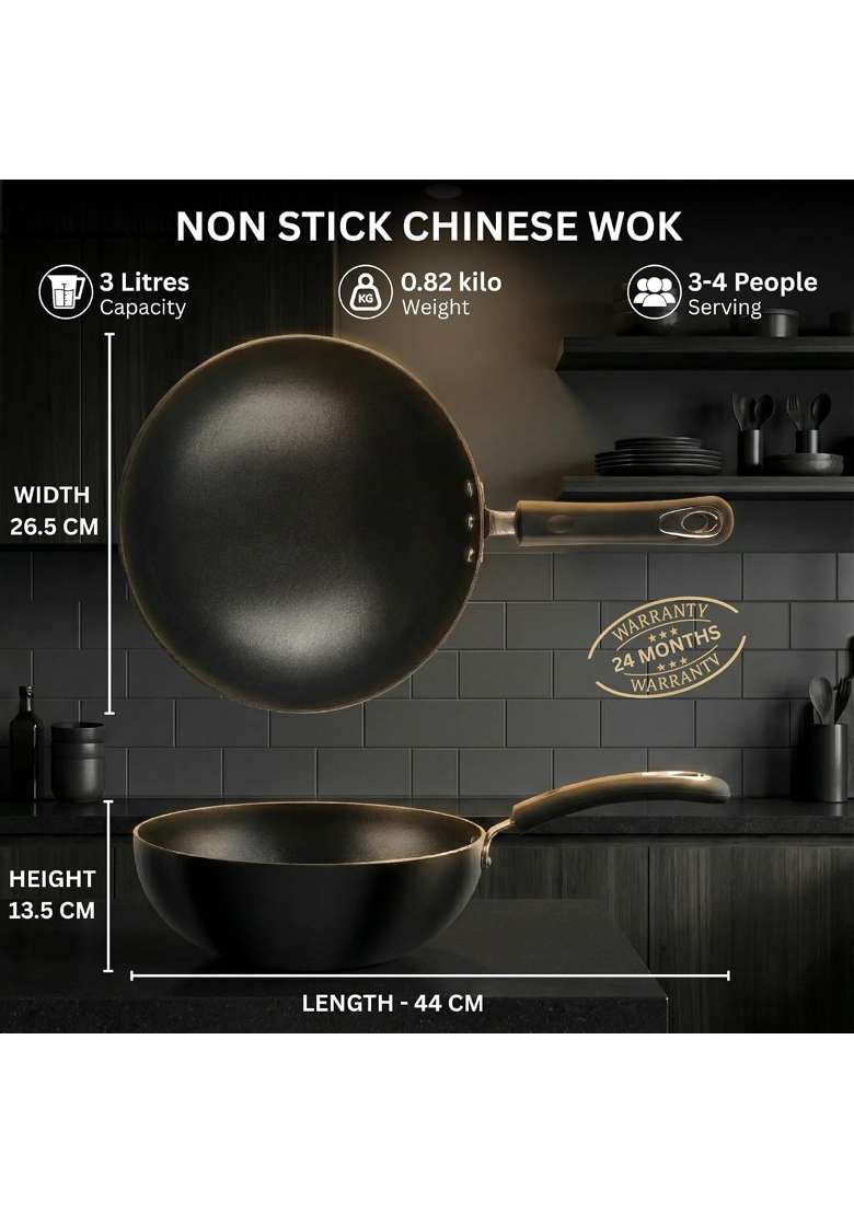 Vinod Hanos Hard Anodised Non-Stick Wok | 3 L | 3.2 Qt | 26 cm | 10.2 Inch | Induction Compatible | PFOA Free - Indya