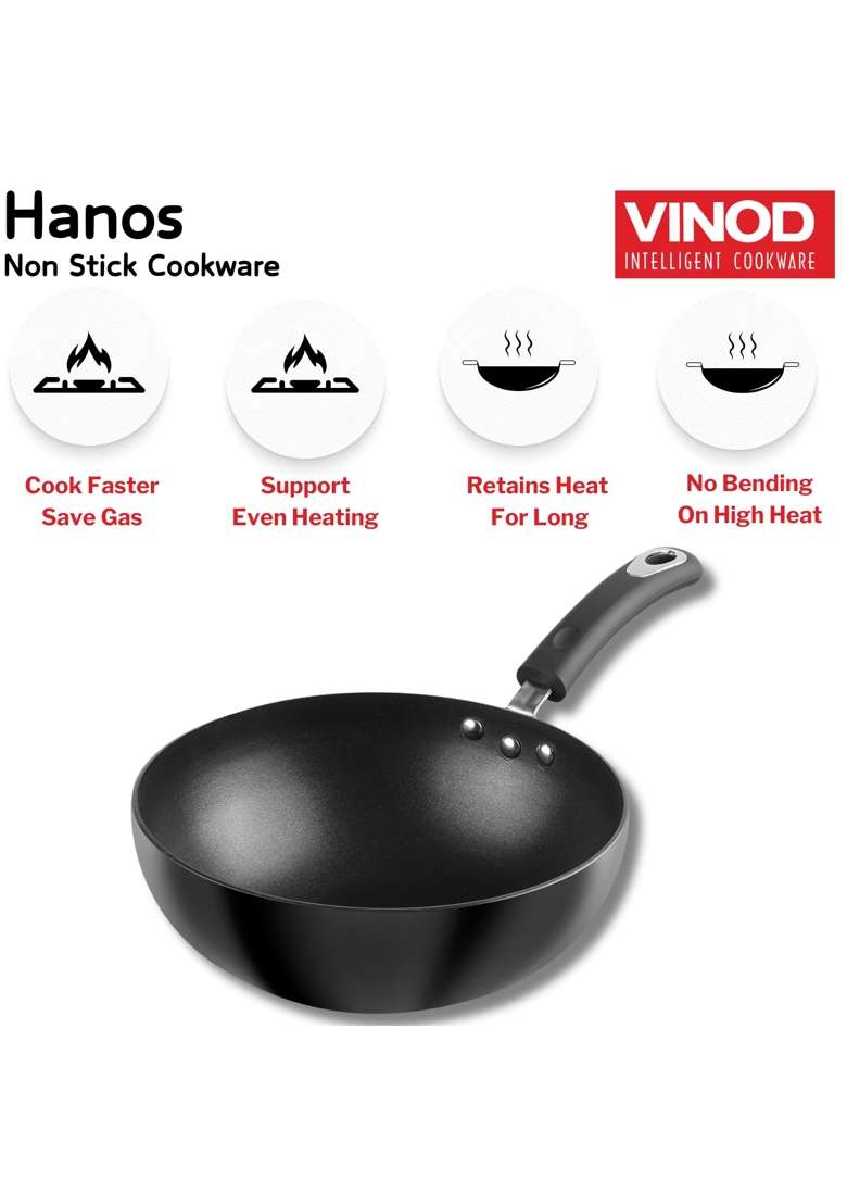Vinod Hanos Hard Anodised Non-Stick Wok | 3 L | 3.2 Qt | 26 cm | 10.2 Inch | Induction Compatible | PFOA Free - Indya