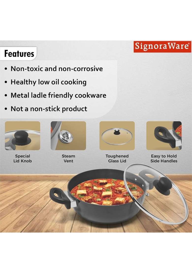 SIGNORA WARE Signoraware Opulent Non Stick Kadhai Wok | 4 L | 4.2 Qt | 26 cm | 10.2 Inch | Induction Compatible - Indya