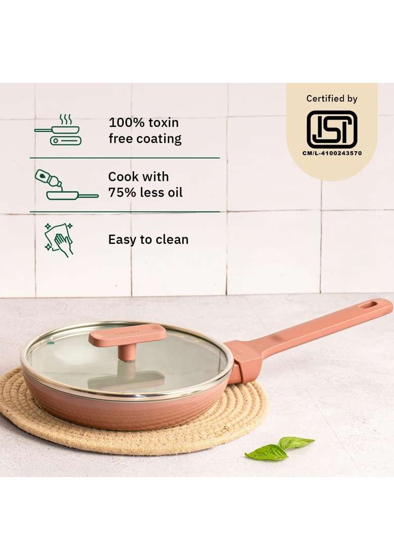 Ember Cookware Arcilla Ceramic Egg and Omelette Pan with Glass Lid | 20 cm | 7.9 Inch | Non-Toxic | Non-Stick - Indya