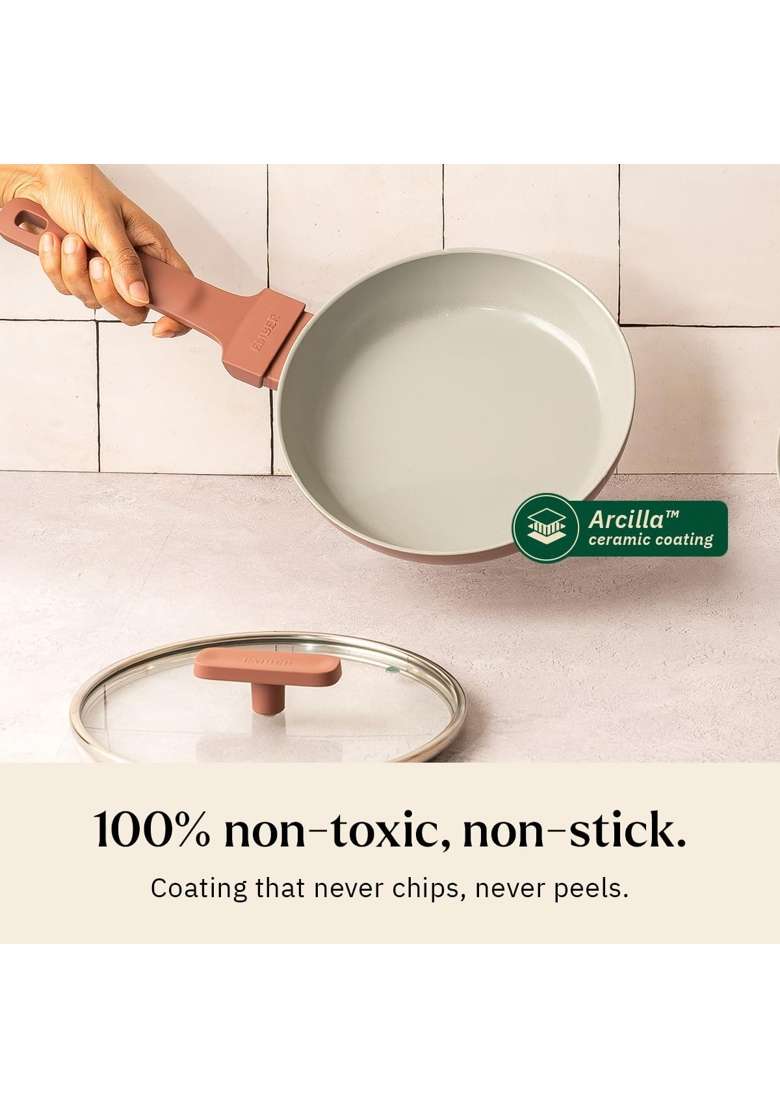 Ember Cookware Arcilla Ceramic Egg and Omelette Pan with Glass Lid | 20 cm | 7.9 Inch | Non-Toxic | Non-Stick - Indya