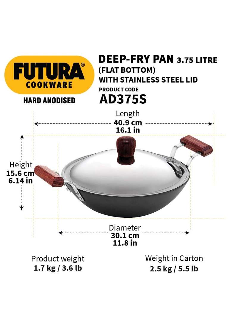 Hawkins - L26 Futura Hard Anodized Flat Bottom Deep-Fry Pan with Steel Lid | 3.75 L | 4 Qt | 30 cm | 11.8 Inch - Indya