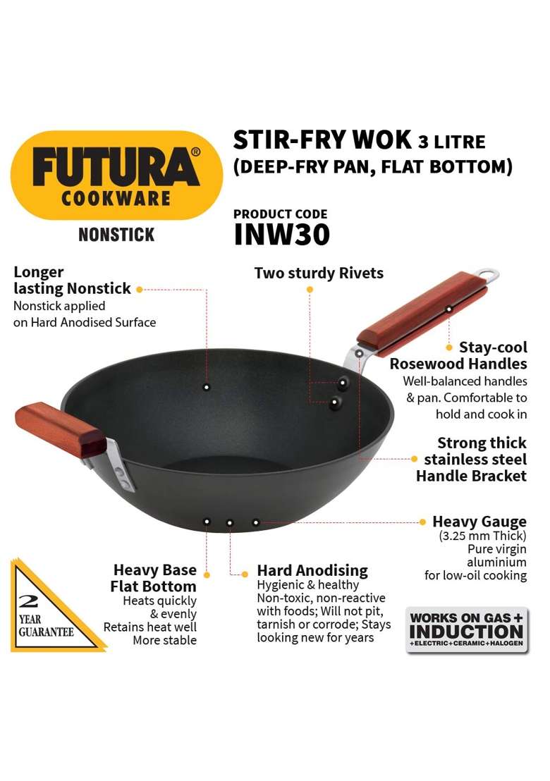 Hawkins - Iq-73 Futura Non-Stick Stir-Fry Wok Without Lid L18 Futura Hard Anodised | 3 L | 3.2 Qt | 22 cm | 8.7 Inch - Indya