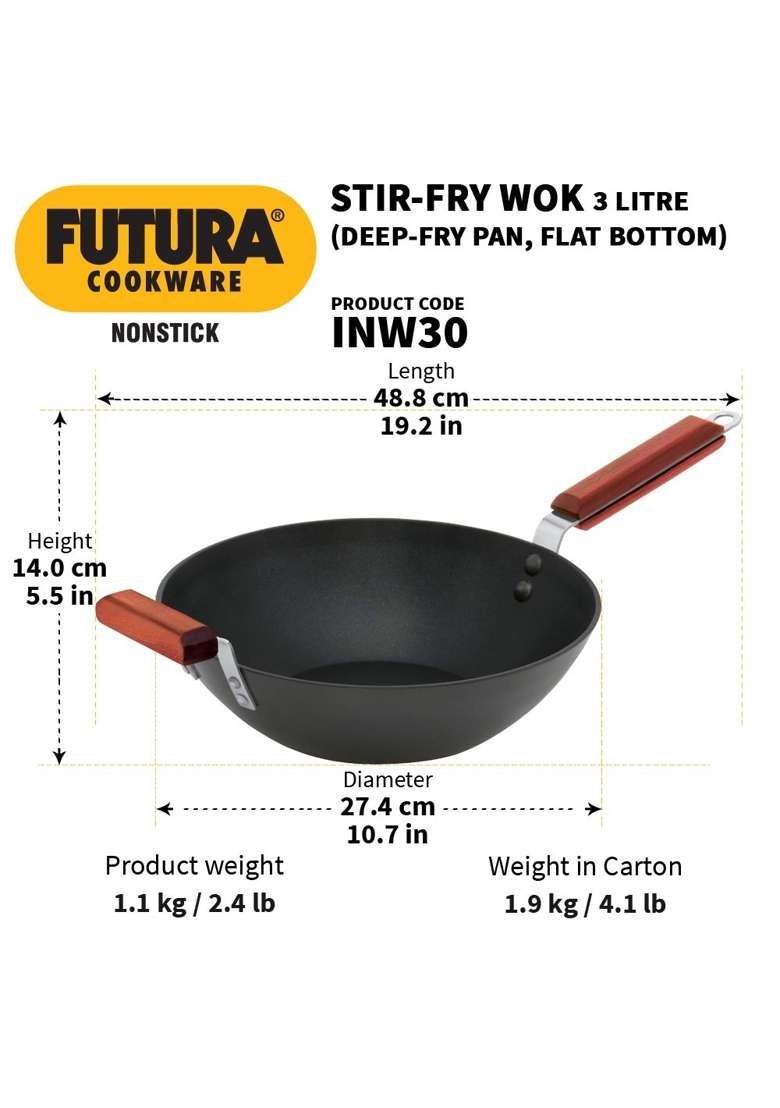Hawkins - Iq-73 Futura Non-Stick Stir-Fry Wok Without Lid L18 Futura Hard Anodised | 3 L | 3.2 Qt | 22 cm | 8.7 Inch - Indya