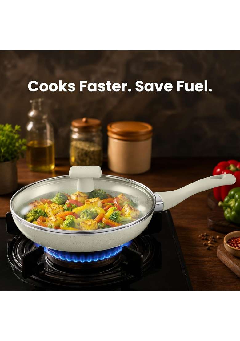 MILTON Pro cook Induction Cookware and Gas Stove Friendly Premium Ceramic Non-Stick Fry Pan | 26 cm | 10.2 Inch | PFOA Free | With Lid - Indya