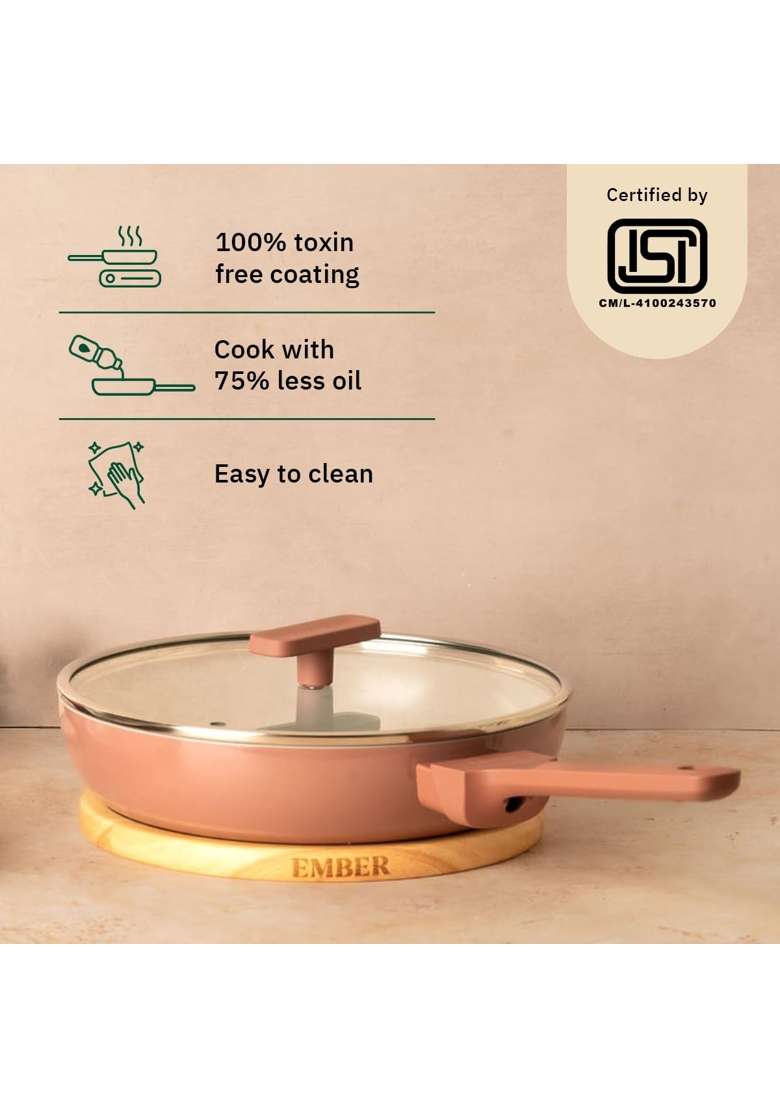 Ember Cookware Arcilla Ceramic Frying Pan with Glass Lid | 24 cm | 9.4 Inch | Non-Toxic | Non-Stick - Indya