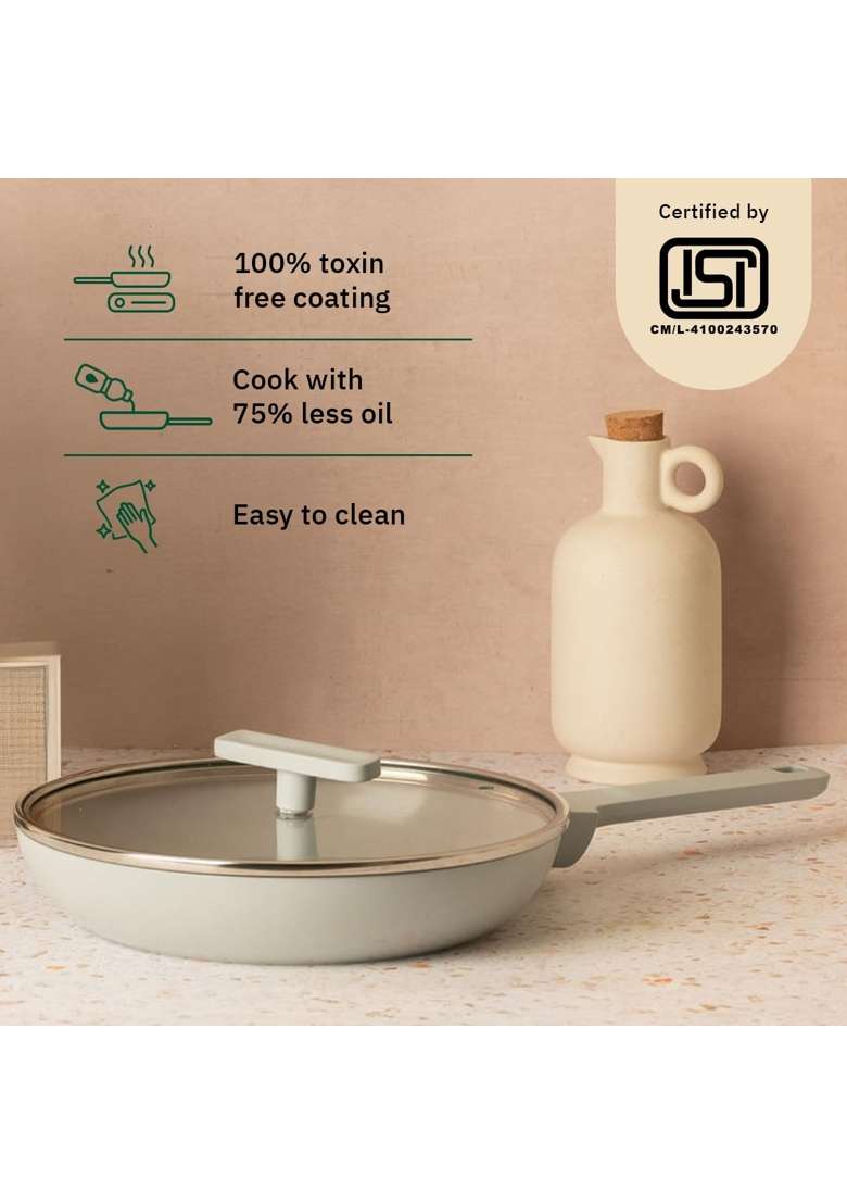 Ember Cookware Arcilla Ceramic Frying Pan with Glass Lid | 24 cm | 9.4 Inch | Non-Toxic | Non-Stick - Indya