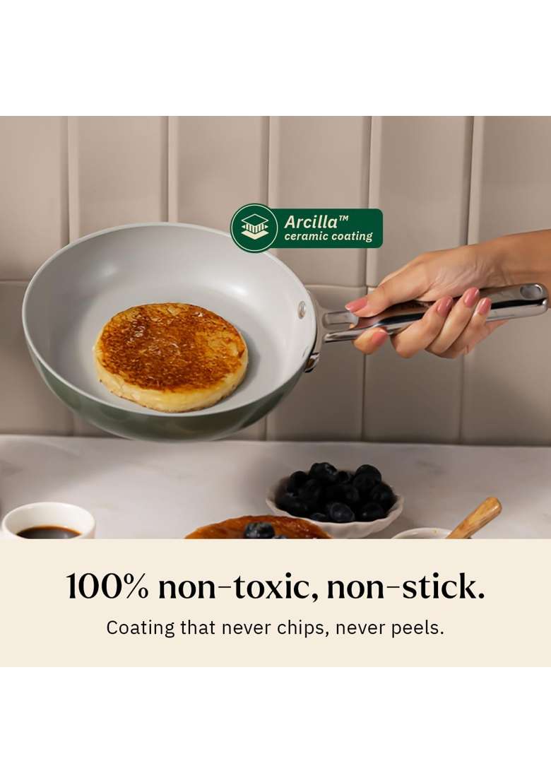 Ember Cookware Arcilla Ceramic Frying Pan with Glass Lid | 20 cm | 7.9 Inch | Induction Compatible | PFOA Free | Non-Toxic | Non-Stick - Indya