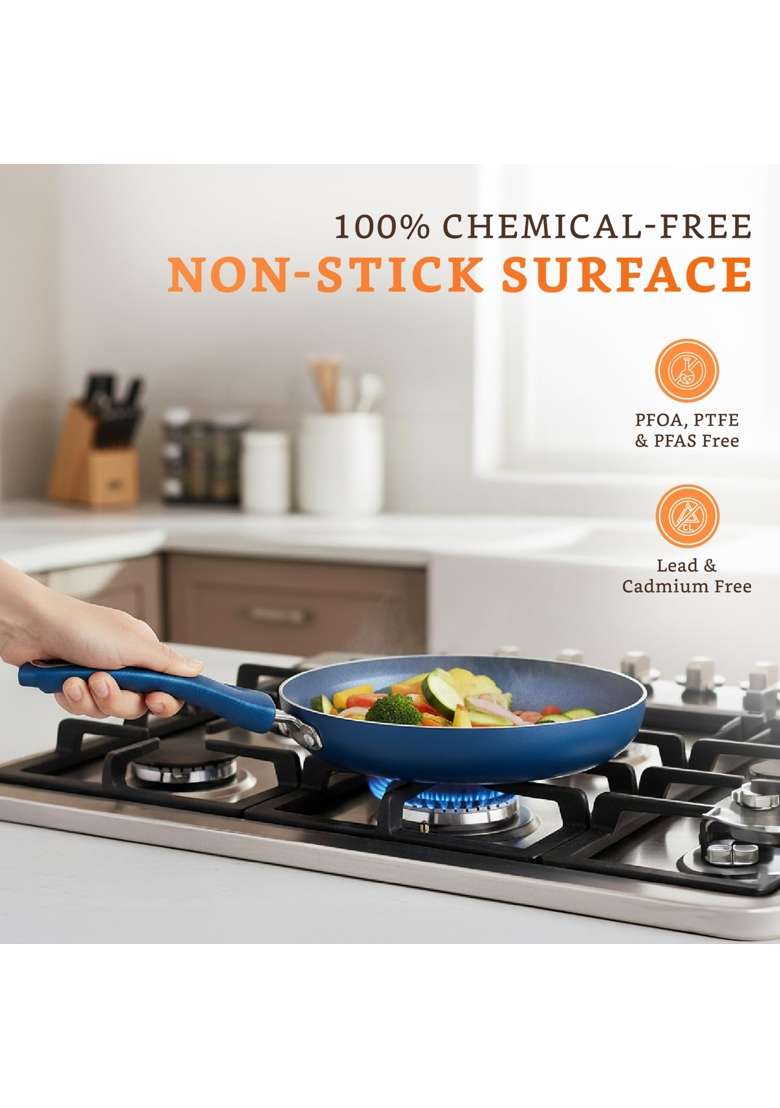 Solimo Amazon Brand Solimo Blue Ceramic Non Stick Induction Fry Pan with Glass Lid | 24 cm | 9.4 Inch - Indya