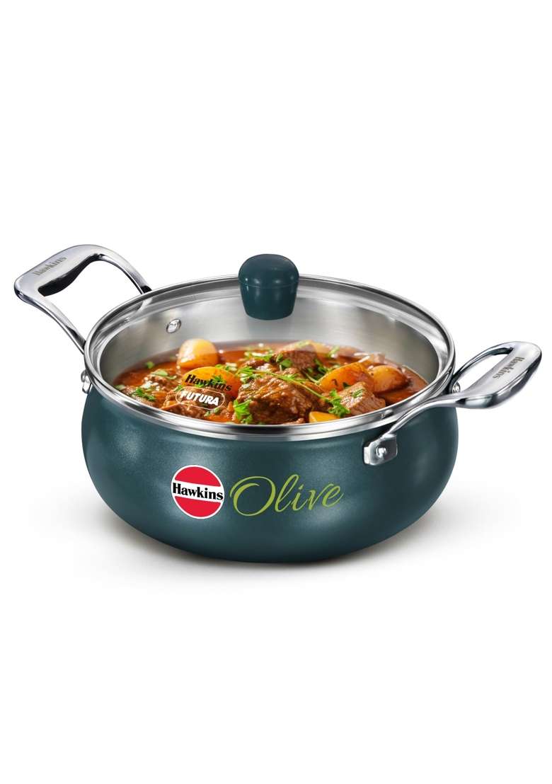 Hawkins Triply Stainless Steel Olive Handi Cooking Pot | 3 L | 3.2 Qt | Induction Compatible | With Lid - Indya