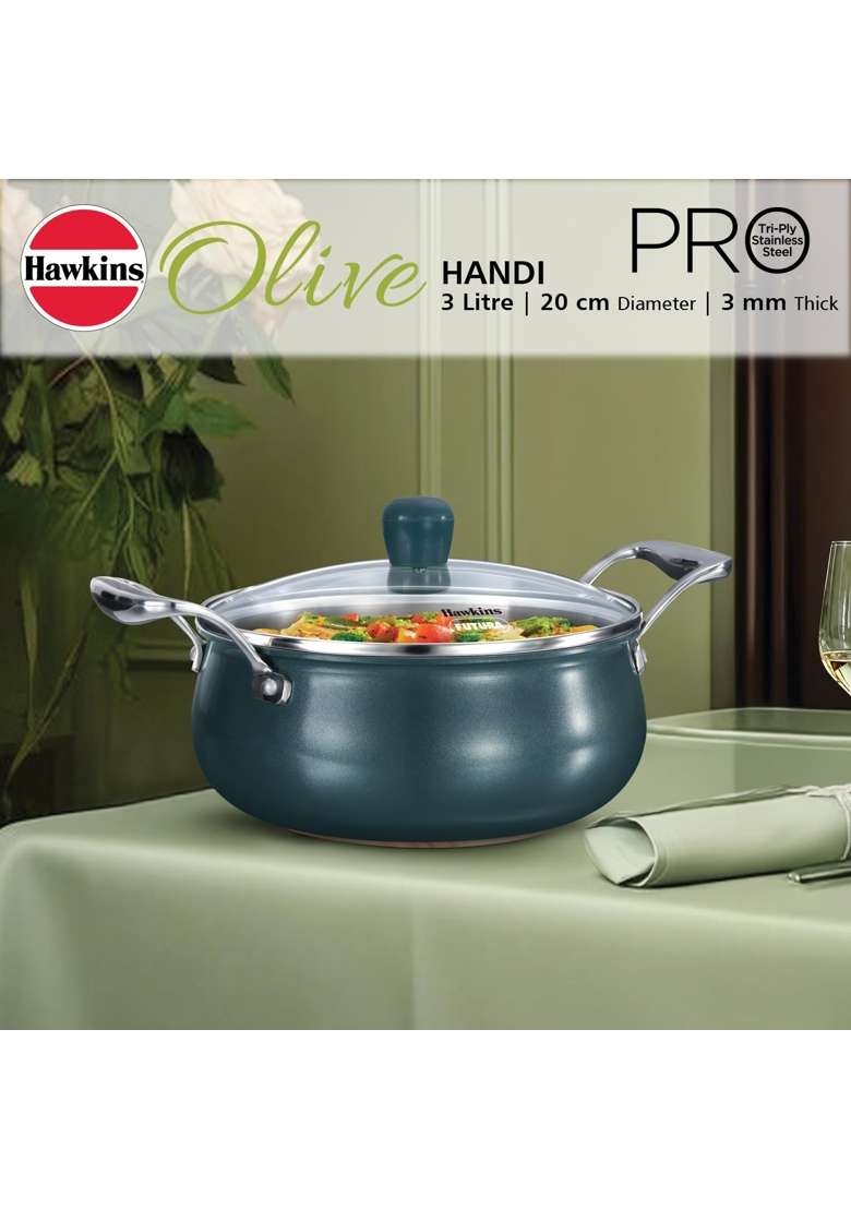 Hawkins Triply Stainless Steel Olive Handi Cooking Pot | 3 L | 3.2 Qt | Induction Compatible | With Lid - Indya