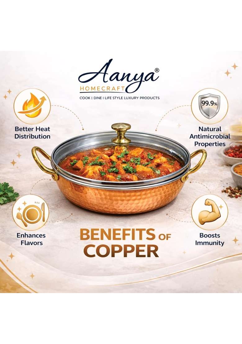AANYA HOME CRAFT Hammered Copper Fry Pan with Lid | 20 cm | 7.9 Inch | Dishwasher Safe - Indya