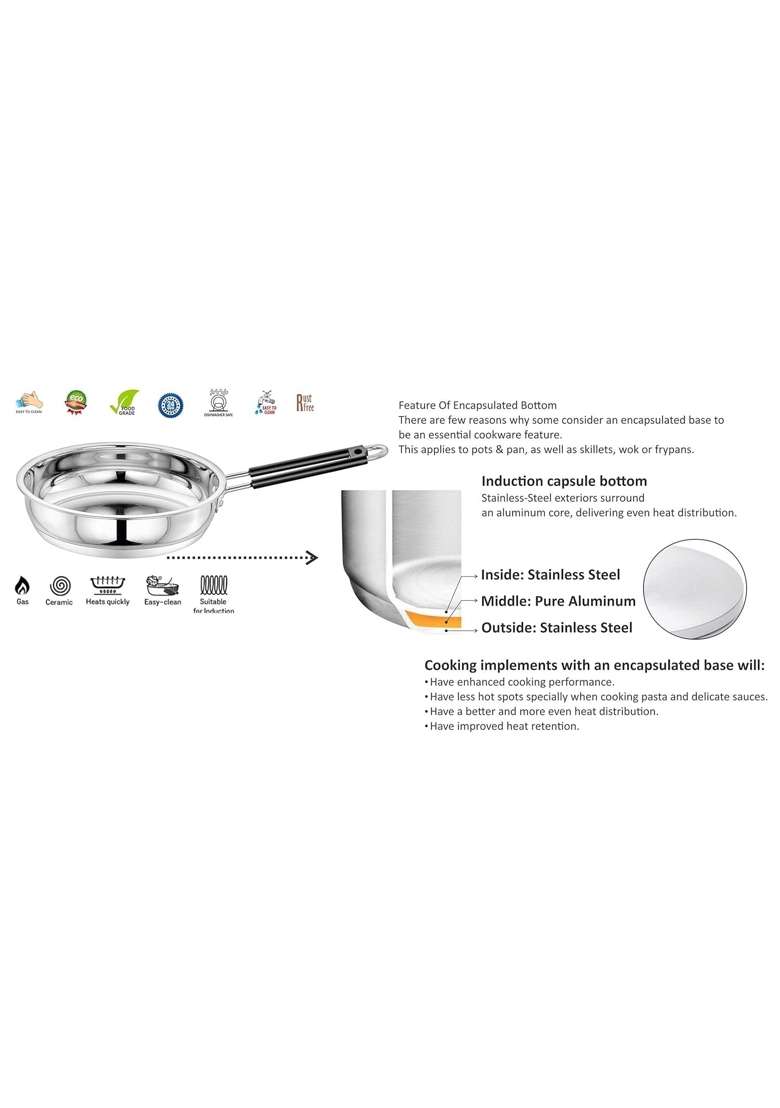 Bartan Star Heavy Geauge Stainless Steel Induction Bottom Fry Pan Tadka Pan | 1200 ml | 40.6 fl oz - Indya