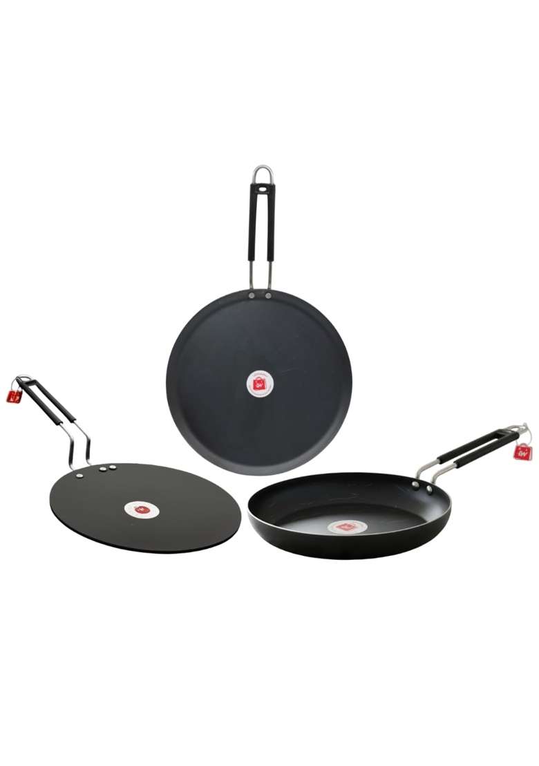 LAZYwindow Iron Fry Pan and Roti Tawa Flat Griddle Set | Pack of 3 | Induction Compatible - Indya