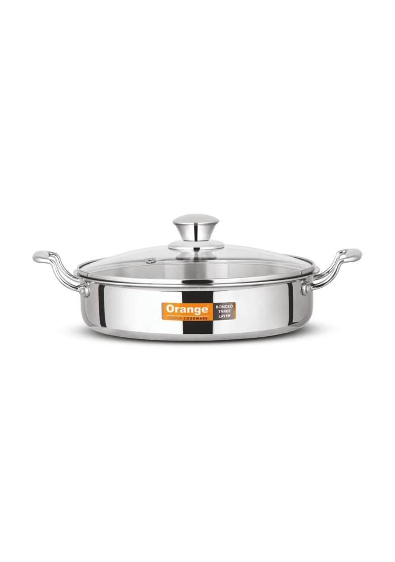 Orange Stainless Steel Triply Cook and Serve Fry Pan Saute Pan Kadai Wok Flat Pan Capacity | 2 L | 2.1 Qt | 22 cm | 8.7 Inch - Indya