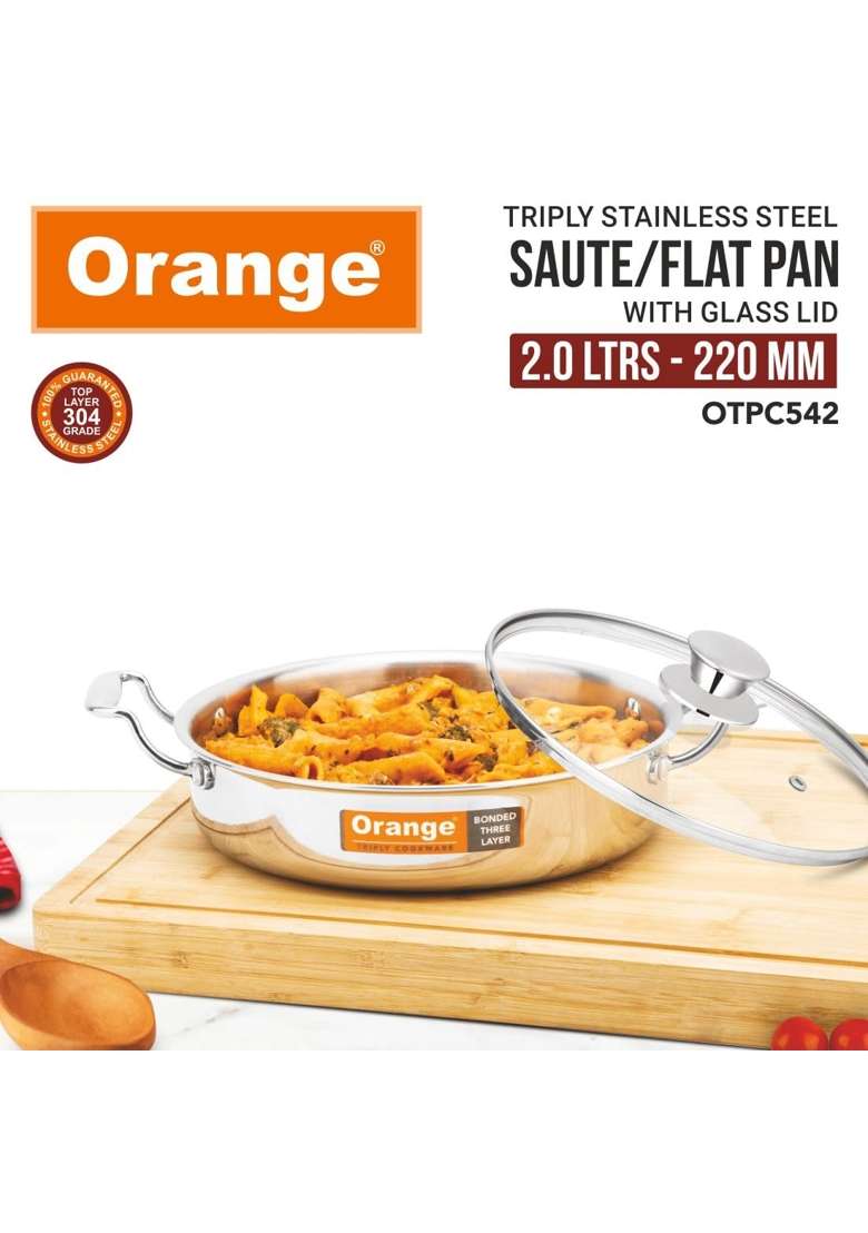 Orange Stainless Steel Triply Cook and Serve Fry Pan Saute Pan Kadai Wok Flat Pan Capacity | 2 L | 2.1 Qt | 22 cm | 8.7 Inch - Indya