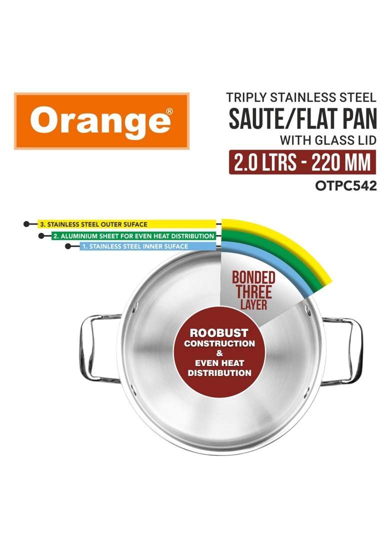 Orange Stainless Steel Triply Cook and Serve Fry Pan Saute Pan Kadai Wok Flat Pan Capacity | 2 L | 2.1 Qt | 22 cm | 8.7 Inch - Indya