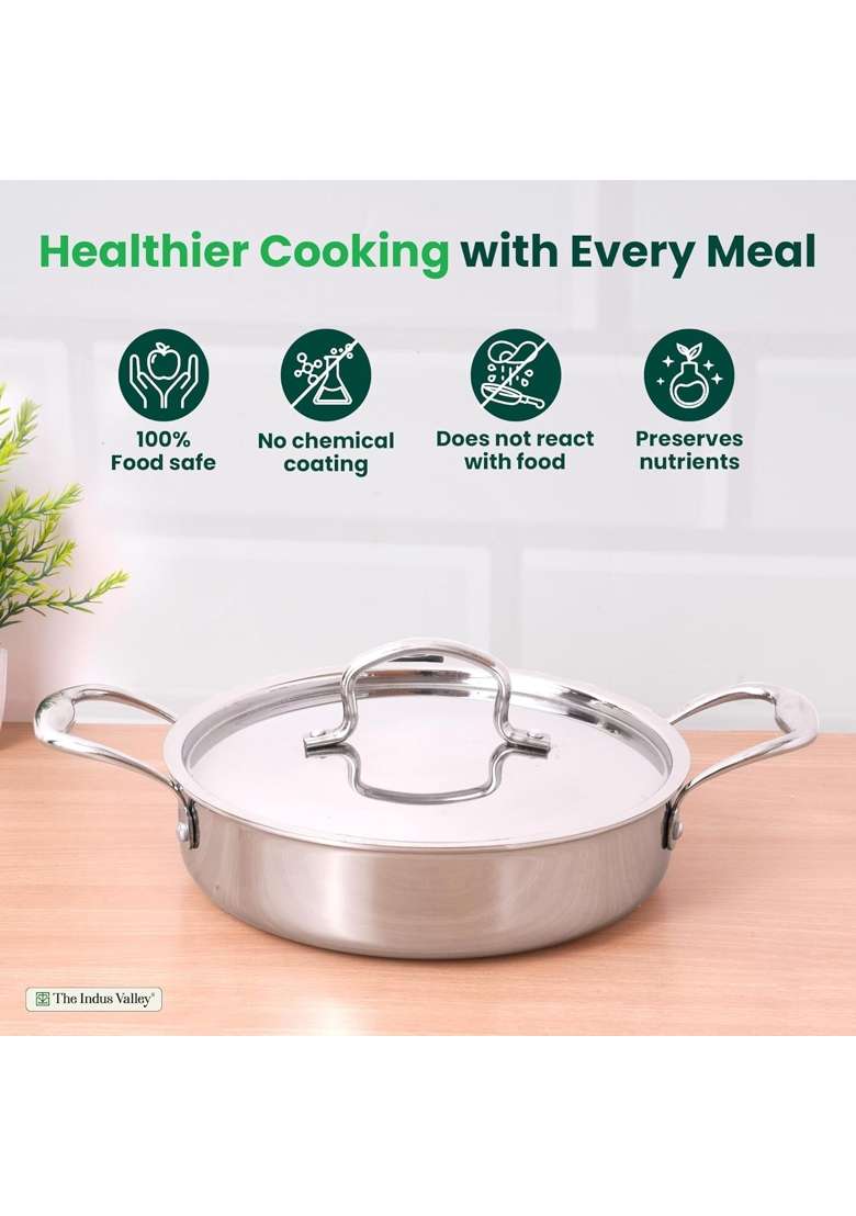 The Indus Valley Triply Stainless Steel Saute Pan with Steel Lid | 2 L | 2.1 Qt | 22 cm | 8.7 Inch | Induction Compatible | Non-Toxic | Non-Stick - Indya