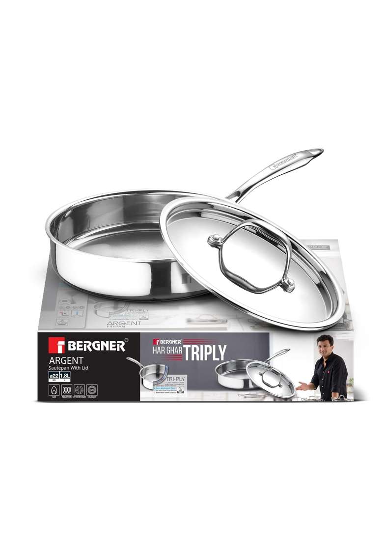 BERGNER Argent Triply Stainless Steel | 1.8 L | 1.9 Qt | 22 cm | 8.7 Inch | Induction Compatible | With Lid | Food Safe - Indya