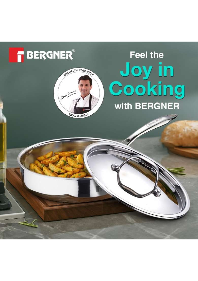 BERGNER Argent Triply Stainless Steel | 1.8 L | 1.9 Qt | 22 cm | 8.7 Inch | Induction Compatible | With Lid | Food Safe - Indya