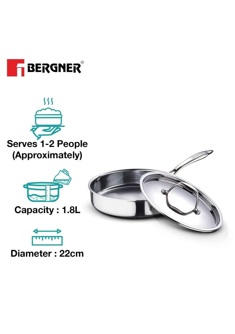 BERGNER Argent Triply Stainless Steel | 1.8 L | 1.9 Qt | 22 cm | 8.7 Inch | Induction Compatible | With Lid | Food Safe - Indya