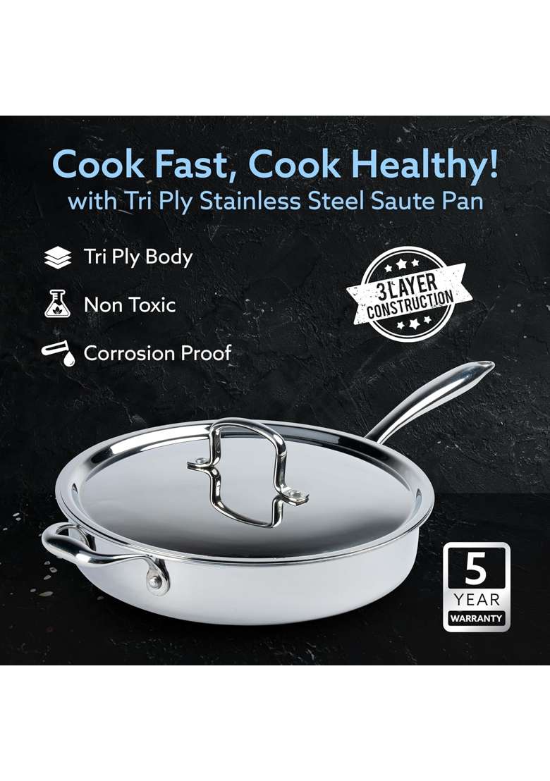 AGARO Regency Triply Saute Pan with Lid | 2.5 L | 2.6 Qt | 26 cm | 10.2 Inch | Non-Toxic | Food Safe - Indya