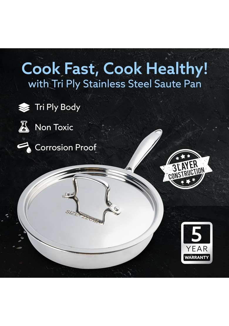 AGARO Regency Triply Saute Pan with Lid | 1.5 L | 1.6 Qt | 22 cm | 8.7 Inch | Non-Toxic | Food Safe - Indya