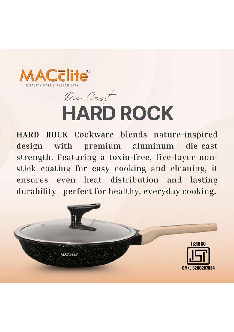 MACclite Hard Rock Die Cast Deep Non Stick Fry Pan with Glass Lid Dia | 20 cm | 7.9 Inch | Induction Compatible | PFOA Free - Indya