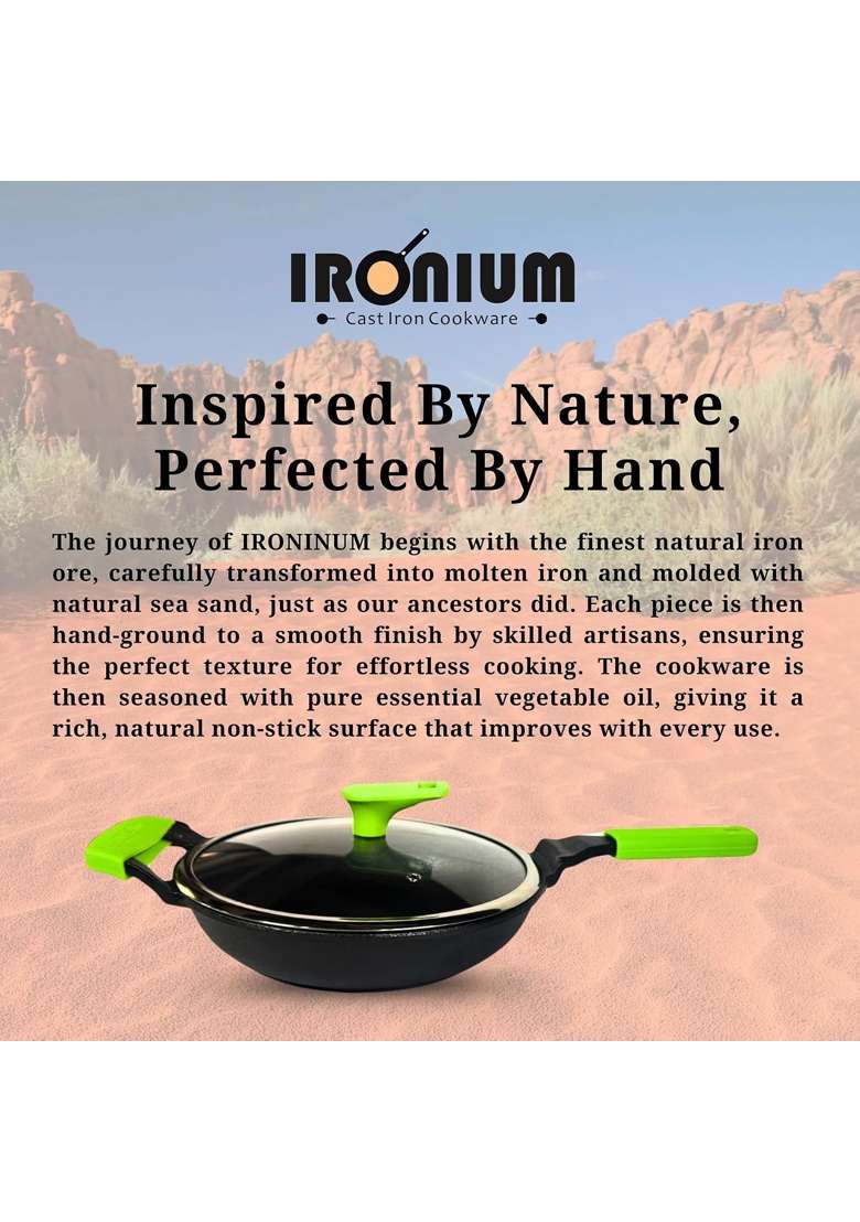 MACclite Ironium Pre-Seasoned Cast Iron Frying Pan with Glass Lid Dia | 2 L | 2.1 Qt | 24 cm | 9.4 Inch | Induction Compatible | Non-Stick - Indya