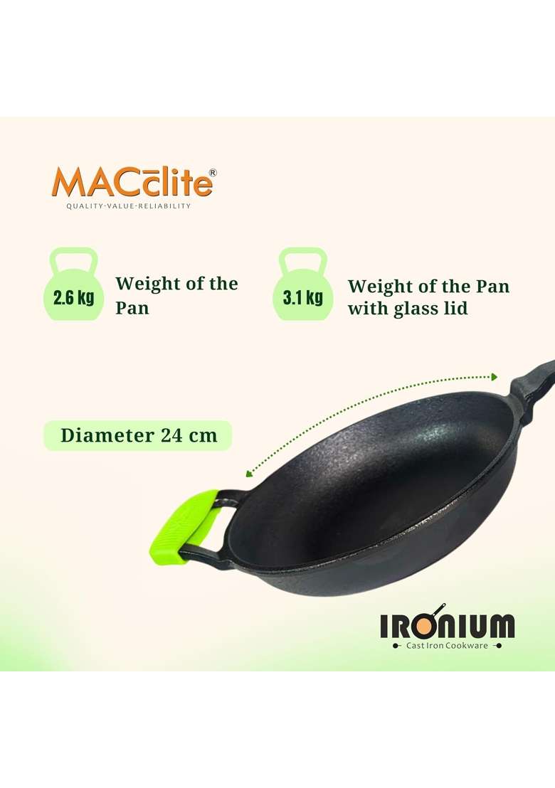 MACclite Ironium Pre-Seasoned Cast Iron Frying Pan with Glass Lid Dia | 2 L | 2.1 Qt | 24 cm | 9.4 Inch | Induction Compatible | Non-Stick - Indya