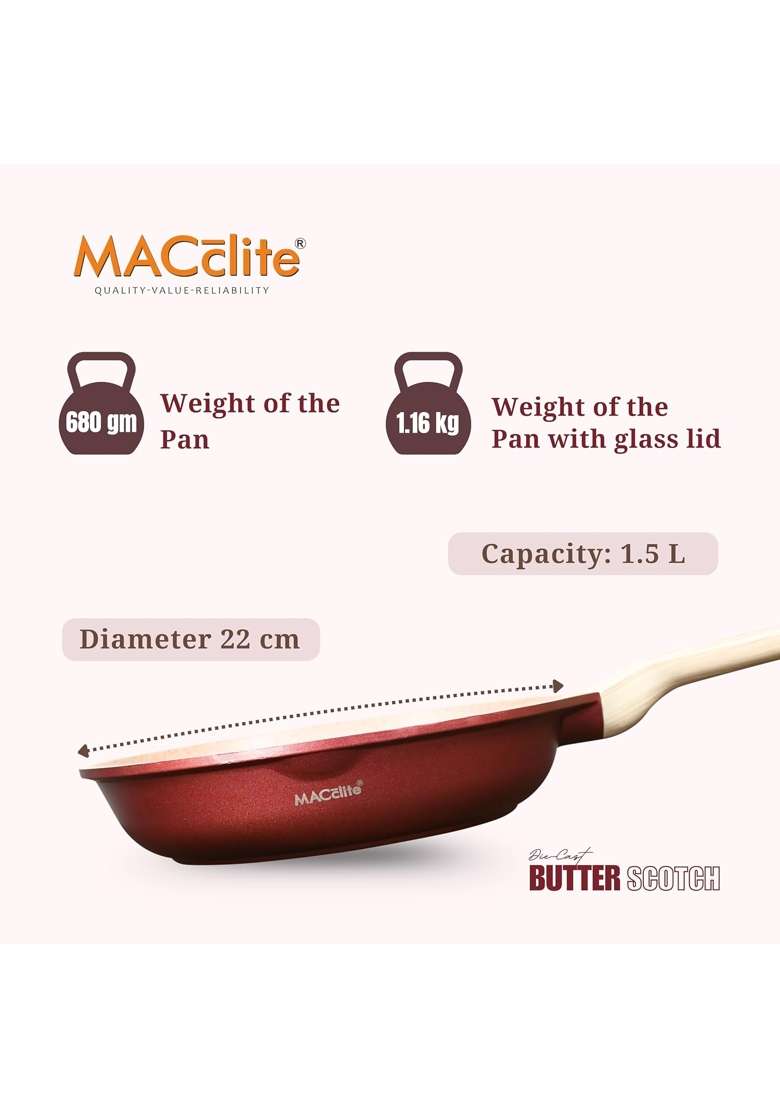 MACclite Butter Scotch Die Cast Triumph Non Stick Fry Pan with Glass Lid | 1.5 L | 1.6 Qt | 22 cm | 8.7 Inch | Induction Compatible | Dishwasher Safe - Indya