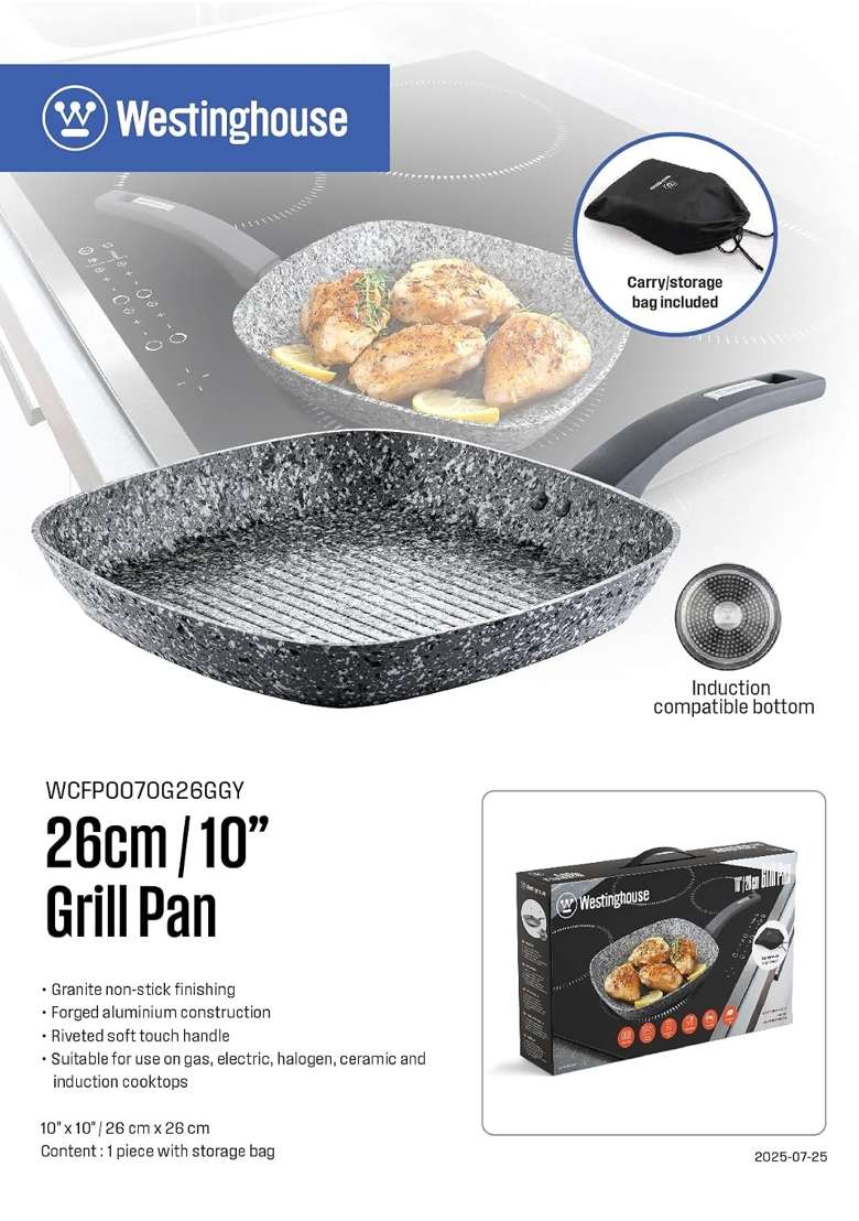 Westinghouse Grey Granite Series Grill Pan | 26 cm | 10.2 Inch | Induction Compatible | Non-Stick - Indya