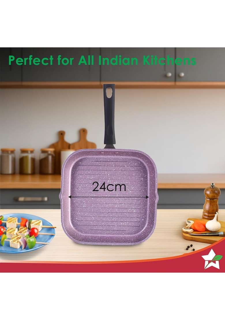 Wonderchef Valencia Non-Stick Grill Pan for Kitchen | 24 cm | 9.4 Inch | Induction Compatible | PFOA Free | Non-Toxic - Indya