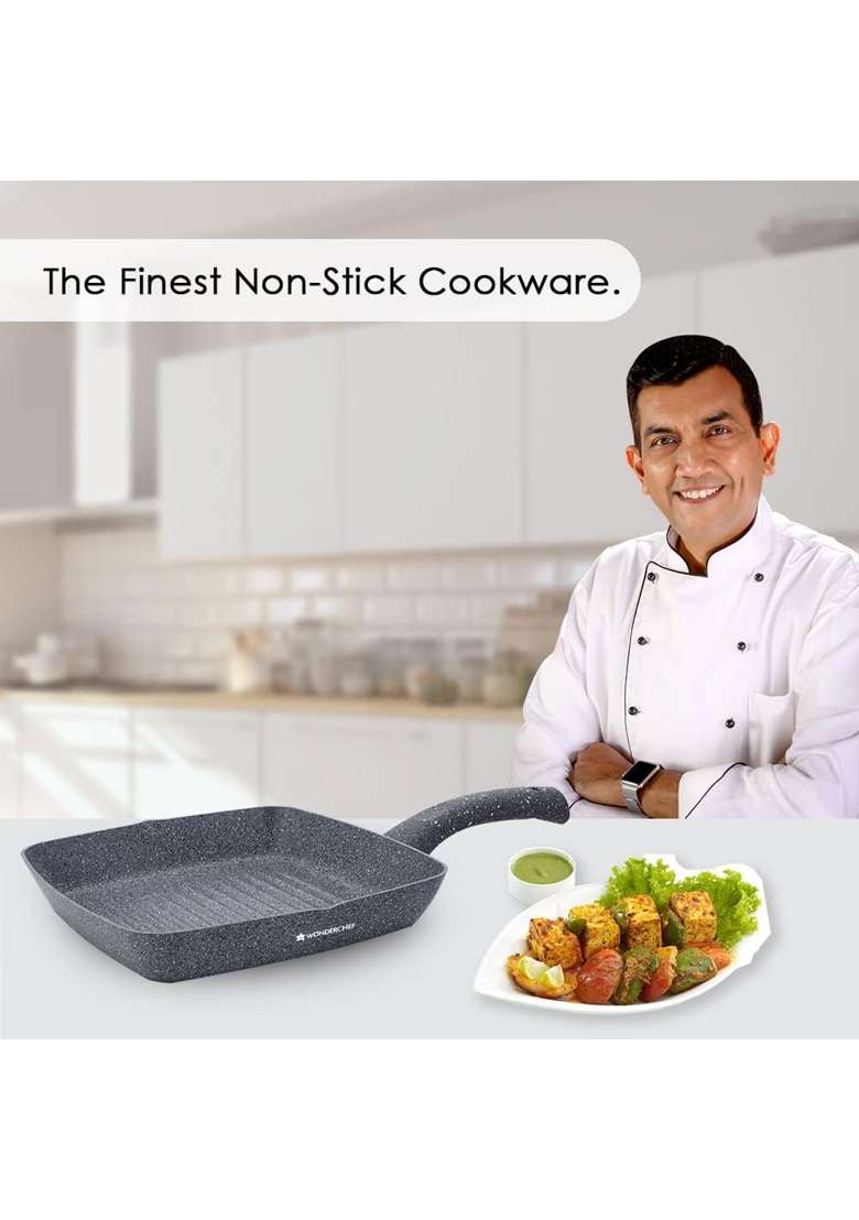 Wonderchef Granite Non-Stick Grill Pan for Kitchen | 1.8 L | 1.9 Qt | 24 cm | 9.4 Inch | Induction Compatible | PFOA Free | Non-Toxic - Indya