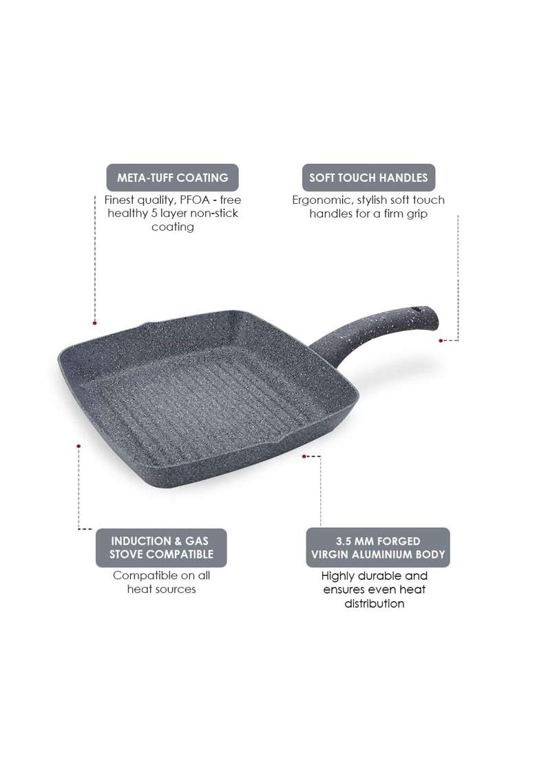 Wonderchef Granite Non-Stick Grill Pan for Kitchen | 1.8 L | 1.9 Qt | 24 cm | 9.4 Inch | Induction Compatible | PFOA Free | Non-Toxic - Indya