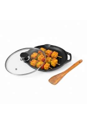 Lifelong Cast Iron Grill Pan with Glass Lid and Wooden Spatula | 2 L | 2.1 Qt | Induction Compatible | Non-Toxic | Non-Stick