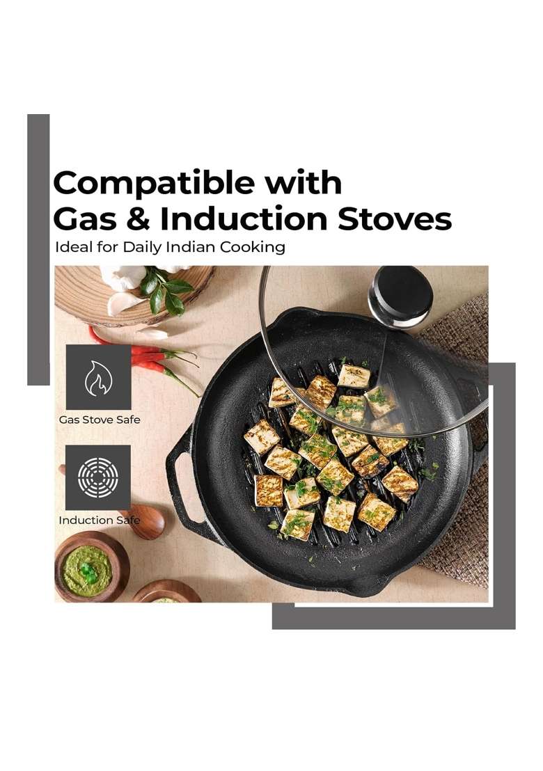 Lifelong Cast Iron Grill Pan with Glass Lid and Wooden Spatula | 2 L | 2.1 Qt | Induction Compatible | Non-Toxic | Non-Stick - Indya