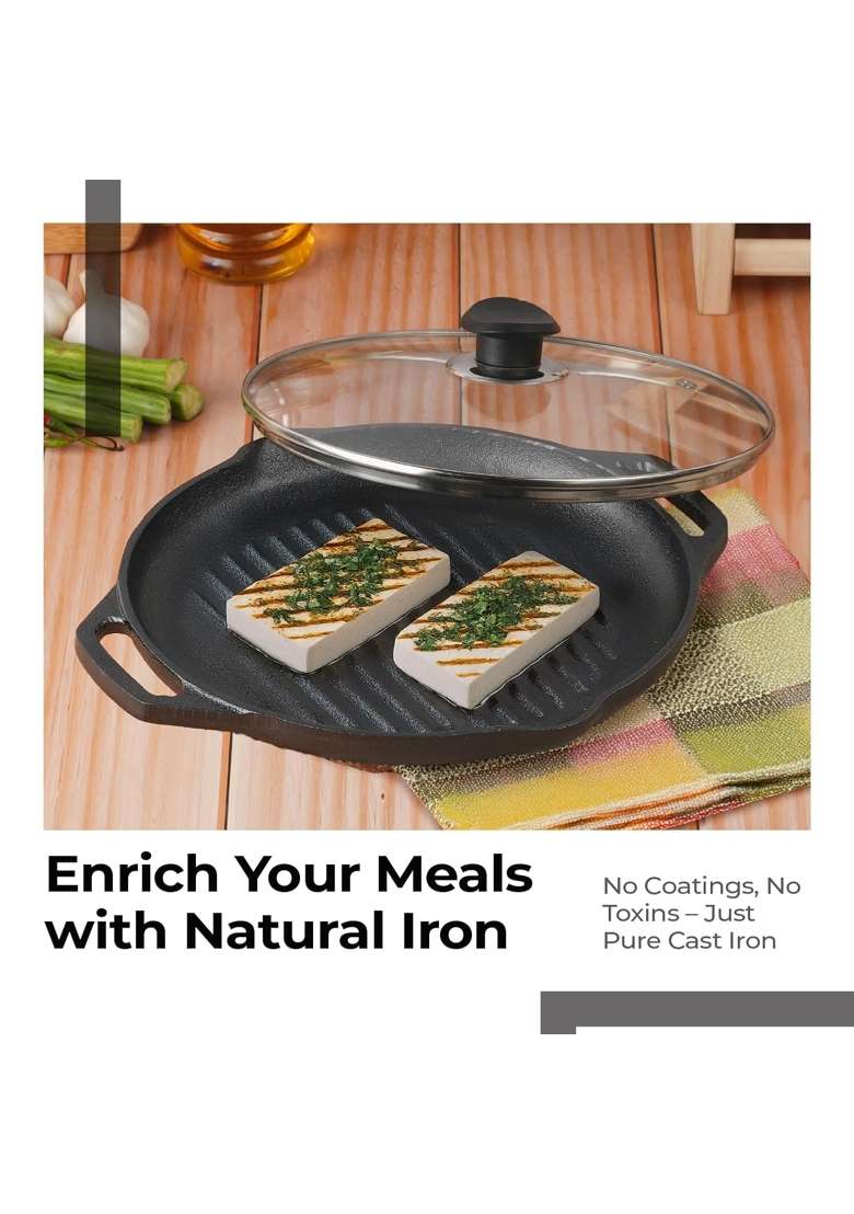 Lifelong Cast Iron Grill Pan with Glass Lid and Wooden Spatula | 2 L | 2.1 Qt | Induction Compatible | Non-Toxic | Non-Stick - Indya