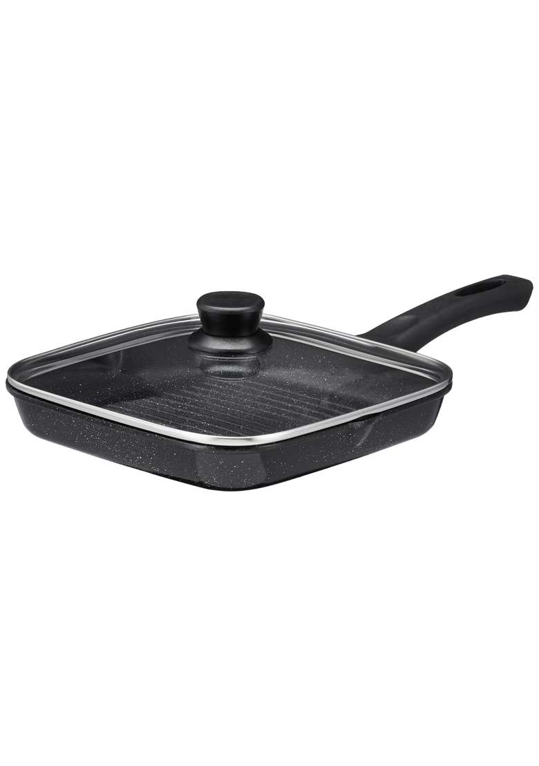 Solimo Amazon Brand Solimo Non-Stick Grill Pan with Glass Lid | 1.8 L | 1.9 Qt | 24 cm | 9.4 Inch | Induction Compatible | PFOA Free - Indya
