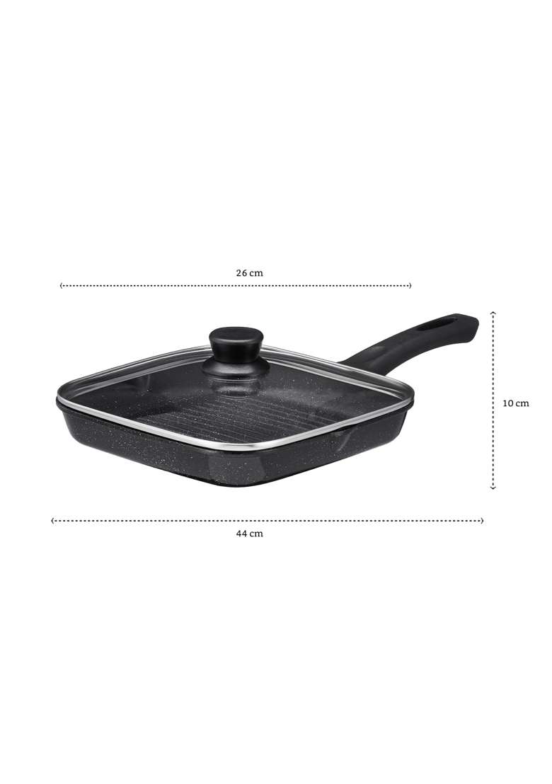 Solimo Amazon Brand Solimo Non-Stick Grill Pan with Glass Lid | 1.8 L | 1.9 Qt | 24 cm | 9.4 Inch | Induction Compatible | PFOA Free - Indya